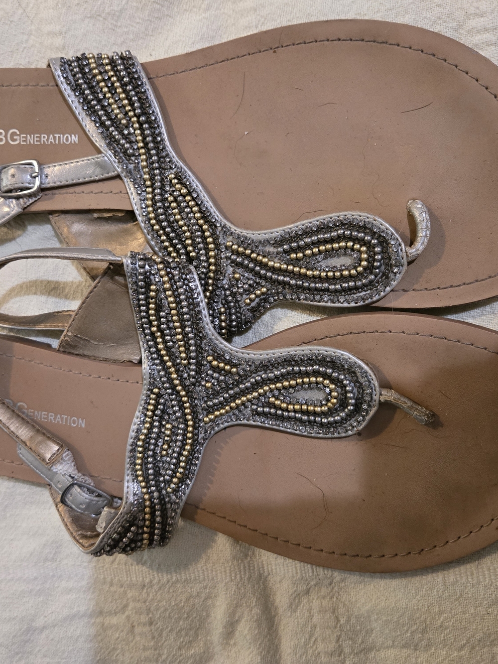 BCBGeneration Metallic Beaded T-Strap Sandals - Silver & Gold